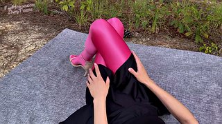 798 Shiny Rose Lycra Pantyhose in the Forest