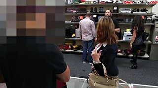 Busty pawnshop amateur sucks before sex out the back of shop