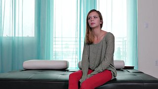 Skeptical amateur 19 year old is on her hairy pussy