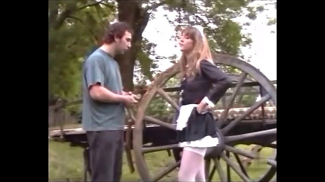 French maid in stockings fucks on a farm with huge cumshot