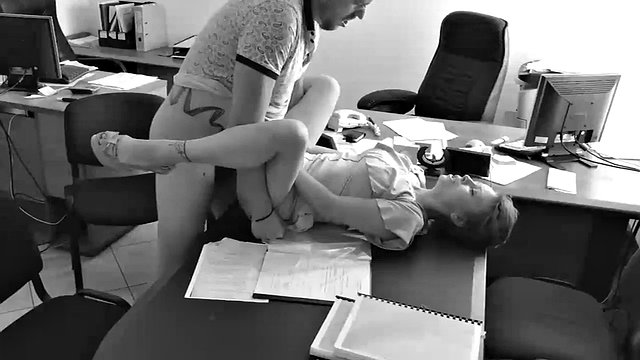 The boss fucks his tiny secretary on the office table and records it with a hidden camera