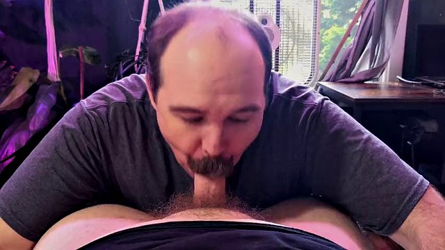 Big Daddy Bubba rubs his nice mustache on the sexy bear's thick cock then gets face fucked, jerks off and sucks cum 4K
