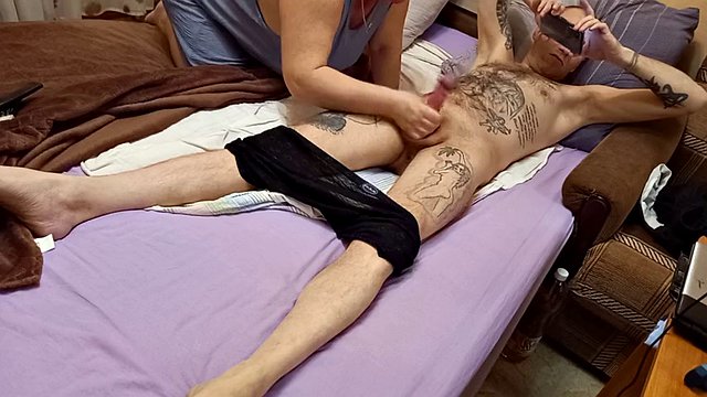 After the pump, the mother-in-law jerks off my dick