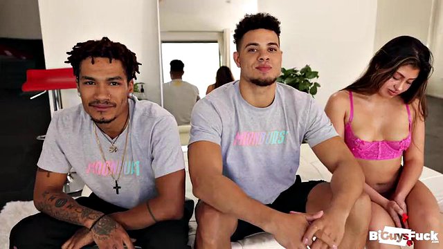 PAWG teen Enola's cheeks clapped by two bbc bi-guys!