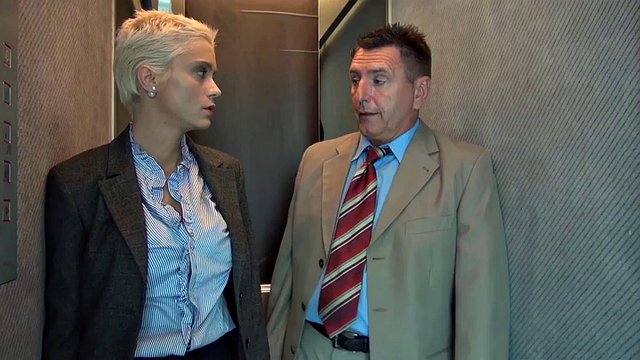 Busty office slut anally fucked in stuck elevator