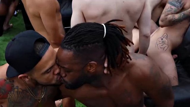 A dozen jocks and athletes mate and eat asses in an orgy
