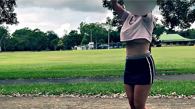 The wife dares to play basketball without bra and panties in a short skirt.