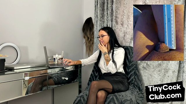 Solo femdom in leather and stockings laughs at small cocks