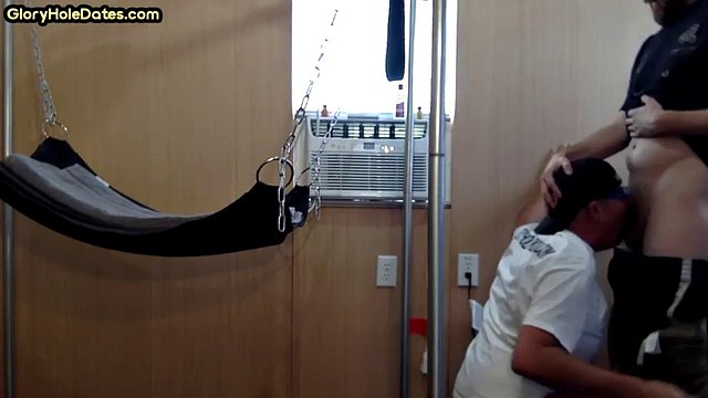 Homemade gloryhole BJ DILF bareback in a sling at home