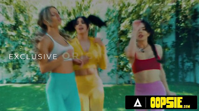 OOPSIE - Naughty shemales Ariel Demure and Erica Cherry take off Summer Hart's yoga pants to give her a double penetration