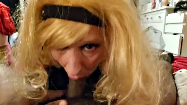Sissy Crossdresser Annette sucks and gets a dildo, facial