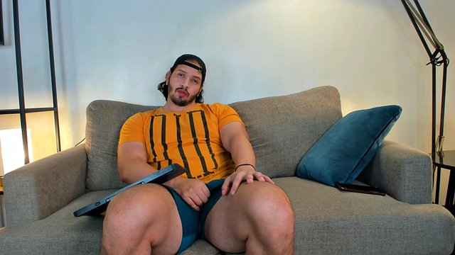 bigger guy touches him, giant legs, thick and horny webcam show, might end up with cum, big balls, big hands, big lips