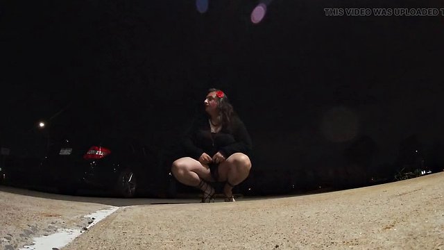 Sissy Mature CD outside at night in parking lot showing off