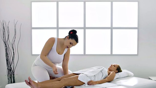Oiled busty dyke fingering massage in erotic affair