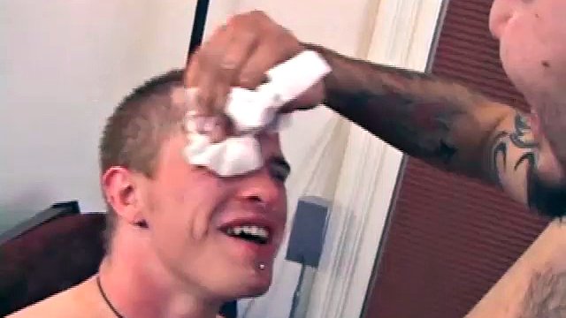 Straight Rock and gay Chase massage their cocks while watching porn. Chase bends down to suck Rock's hard cock. Rock loves it so much he cums right on Chase's face. Rock isn't done yet though.