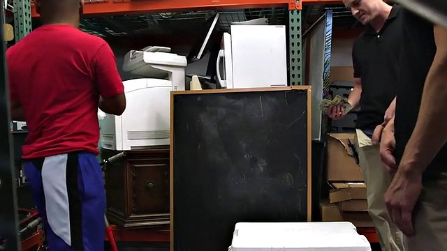 Black pawnshop gay bottomed in stockroom 3some by owners