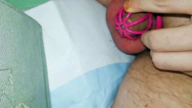 Humiliation of my small penis. Tiny chastity with super glue. Permanent risk