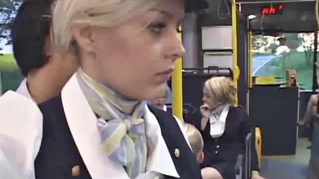 busty stewardess public handjob on the bus
