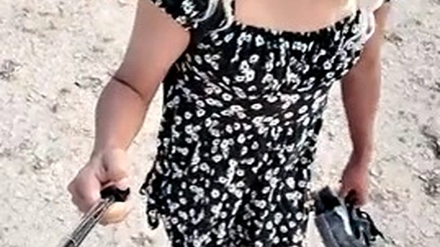 Sexy Shemale Walks In Public In Minidress And Violet Heels Cute Hot Slut