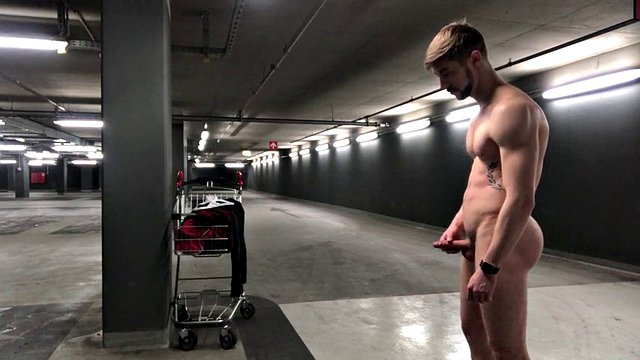 German boy dude public parking garage naked outdoor cum jerk off masturbation small dick dick big muscle athletic young