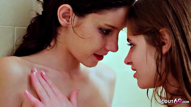 She caught her skinny stepsister naked in the bathroom and seduced her into lesbian sex