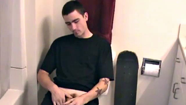 Dan grabs the lube and gets ready to pound in the bathroom. After working a stiff one, he strokes his cock with determination, until he squirts hot, fresh cum all over his stomach and chest.