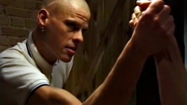 Hardcore gay threesome with muscular bald studs ramming butts
