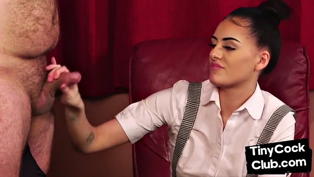 British dominatrix jerks off dude with small dick until cumshot