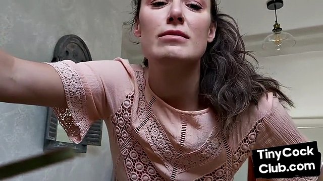 Femdom CFNM babe mocking small cock and teasing it
