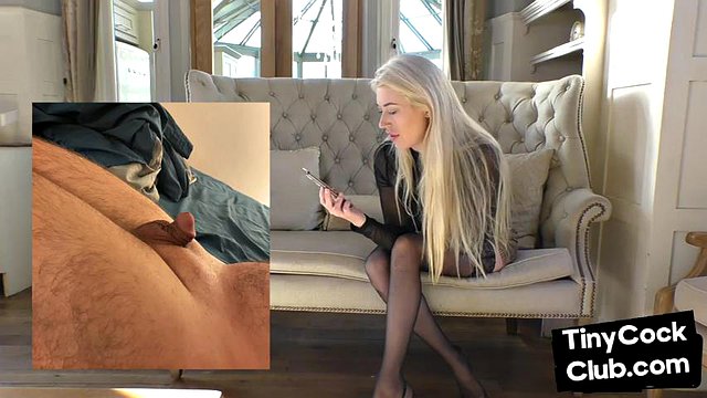 Blonde babe reacts to tiny cocks